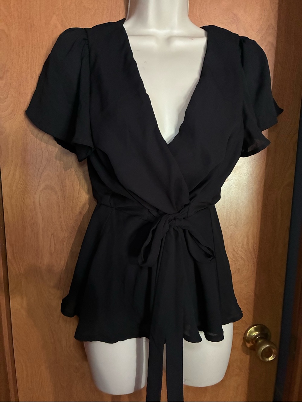 Black Wrap Front Tie Blouse - Women Top Small